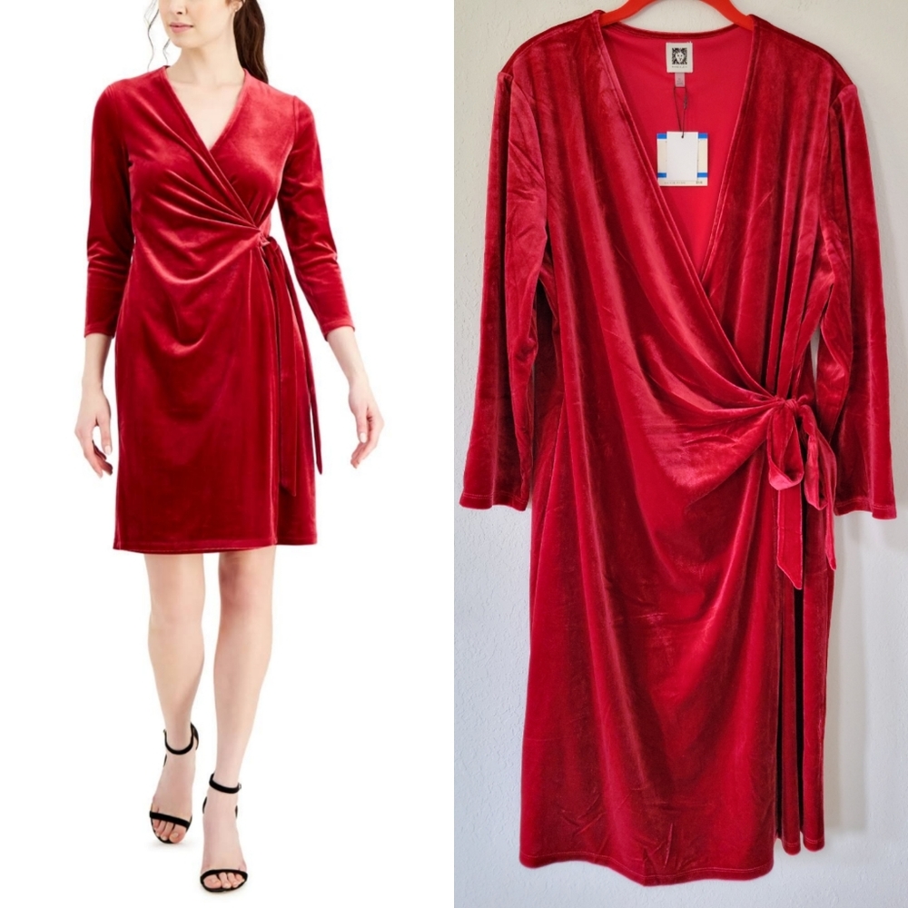 ANNE KLEIN Titian Red Long Sleeve Velvet Wrap Dress NWT XL.
